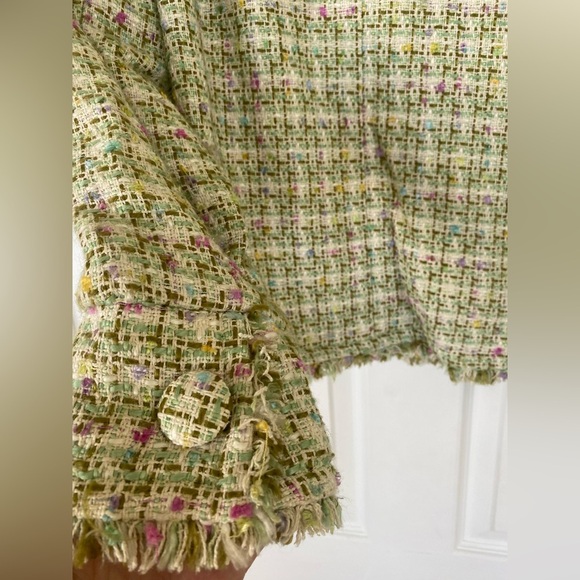 I C E Multicolor Tweed Green and Pink Fringe Blazer - Picture 5 of 8
